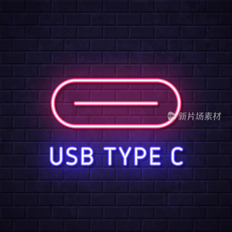 USB Type C接口。在砖墙背景上发光的霓虹灯图标